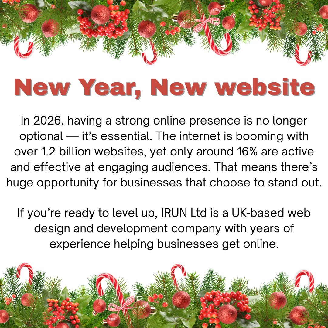 IRUNLtd's tweet photo. Get ready for the new year with IRUN.

Tel: 01865 920 003
Email: info@irunltd.co.uk

#webdesign #newyear #christmas #websites #trending #localbusinesses https://t.co/HLTmsYH4Ag