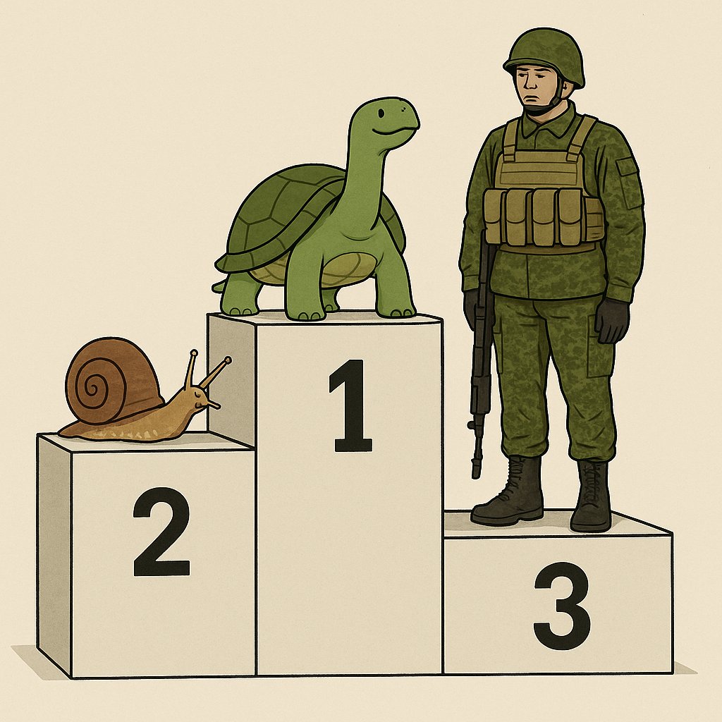 Who is faster: a Russian soldier in Ukraine, a snail, or a turtle?

Turtle: 1 km/h ≈ 55 days to cross Ukraine from east to west (~1316 km).
Snail: 0.047 km/h ≈ 3.2 years to cross UA.
RU soldier: ≈ 0.18 km/day ≈ 20 years to cross UA. 

Turtle ~ 133x faster, snail 6x faster.