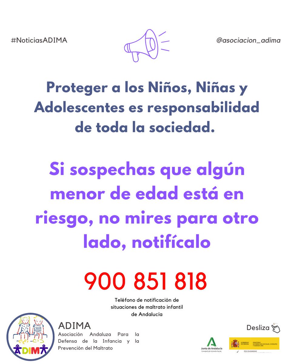 Proteger a NNA es responsabilidad de toda la sociedad. Si sospechas que algún menor está en riesgo, no mires para otro lado, notifícalo 900851818
La violencia hacia la infancia es ejercida por cualquier persona adulta que se aprovecha de su situación de poder.