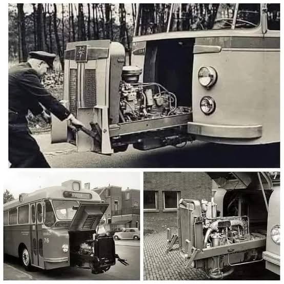 In the 1950s, a few bus manufacturers experimented with cabinet-style engine compartments—essentially a “bonnet” that opened like a closet—so mechanics could access the engine quickly without crawling underneath the vehicle. It was a rare design because it took up passenger space