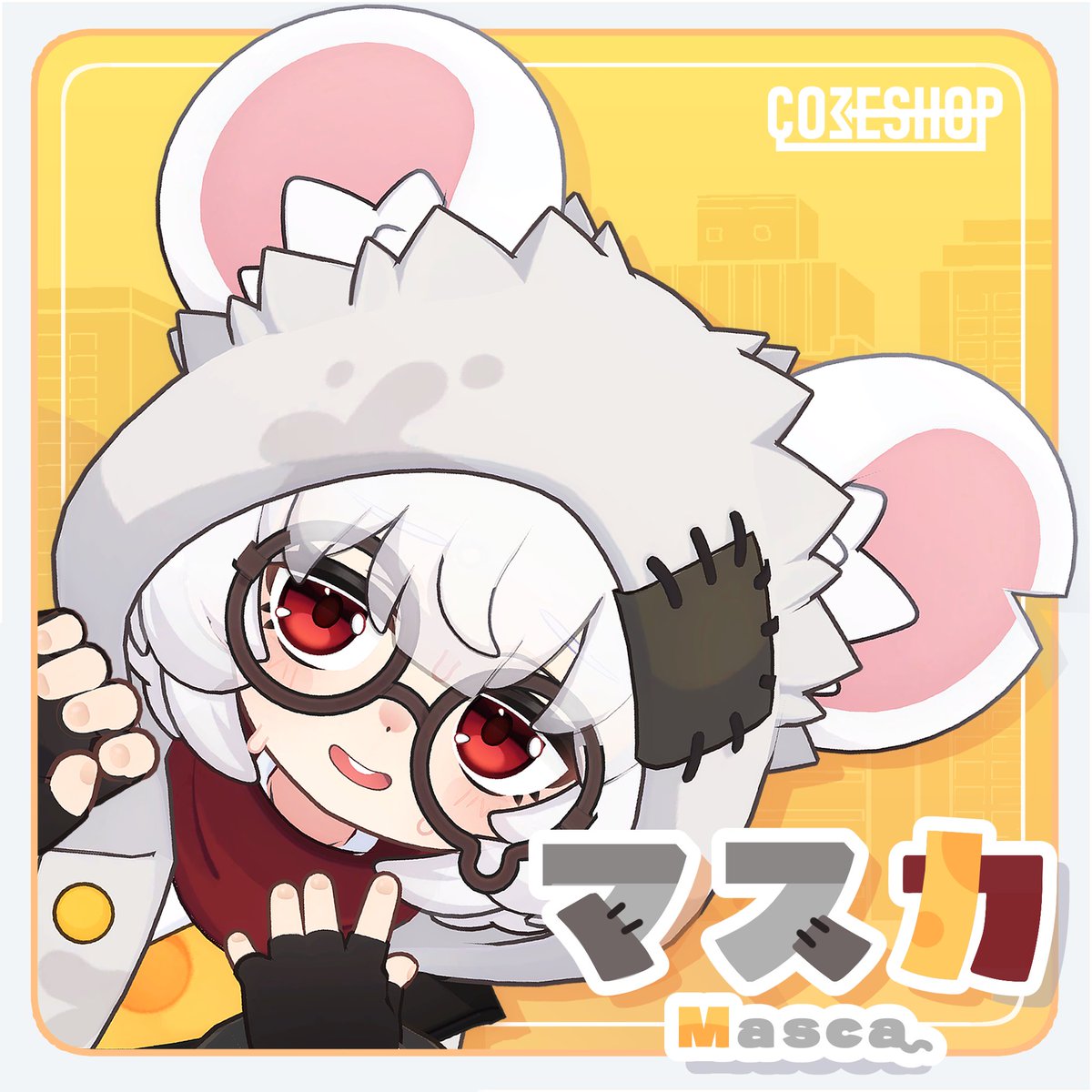 COMESHOP_VRC's tweet photo. COMESHOP新作アバター「マスカ」のPOP一部公開
動く表情に加えて「破れた鞄から飛び出すアイテム」「頭をぶっ叩く」「ほっぺを引っぱる」等不憫でいじめがいのある4つのイチオシギミックで遊べちゃいます🧀
サンプルワールドにペデスタルを設置したので是非お試しくだしあ！
#VRChat　#COMESHOP https://t.co/M2roRL1Wkk