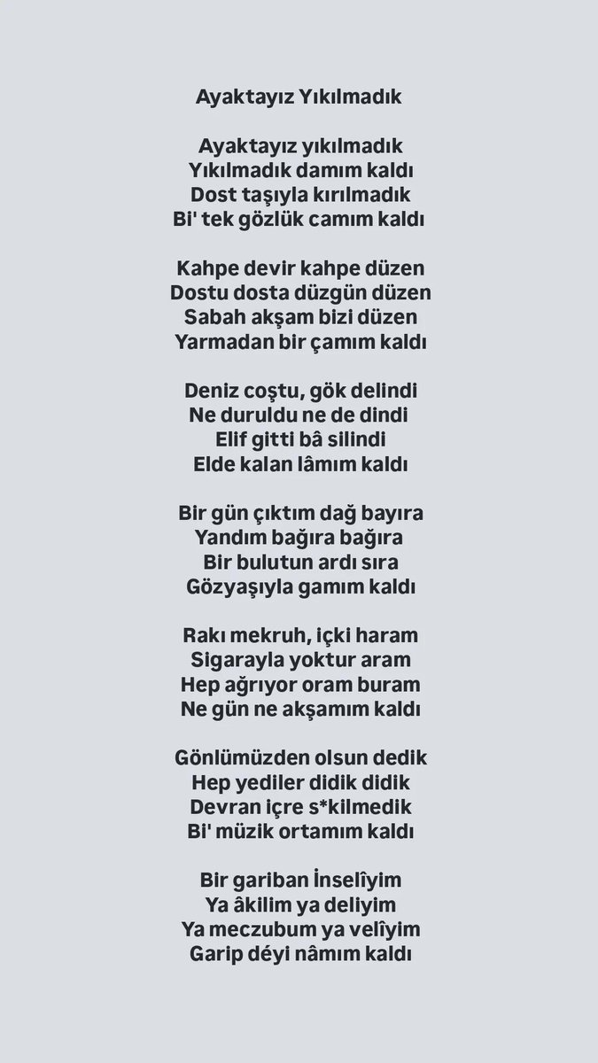 İnselî mahlasıyla yeni şiirler:

Ayaktayız yıkılmadık,
Yıkılmadık damım kaldı!
Dost taşıyla kırılmadık
Bi' tek gözlük camım kaldı!