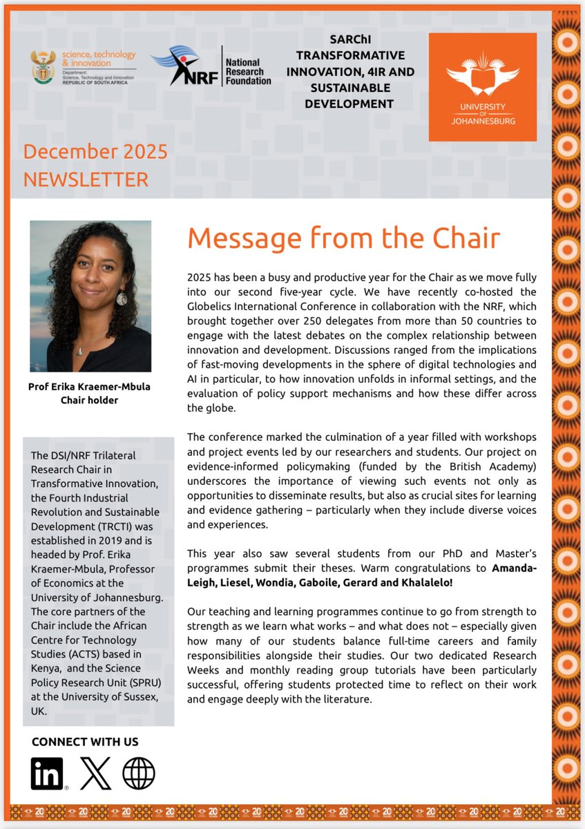 UJ_TRCTI's tweet photo. Our December 2025 newsletter is out.  Here is the link to read all the key moments, updates and lessons from 2025: https://t.co/TapGVb7ggM
Enjoy the read and have a joyful holiday season.
#UJ20 #4IR #transformativeinnovation #sustainabledevelopment #STI4SDGs https://t.co/XGpKrCHBCh