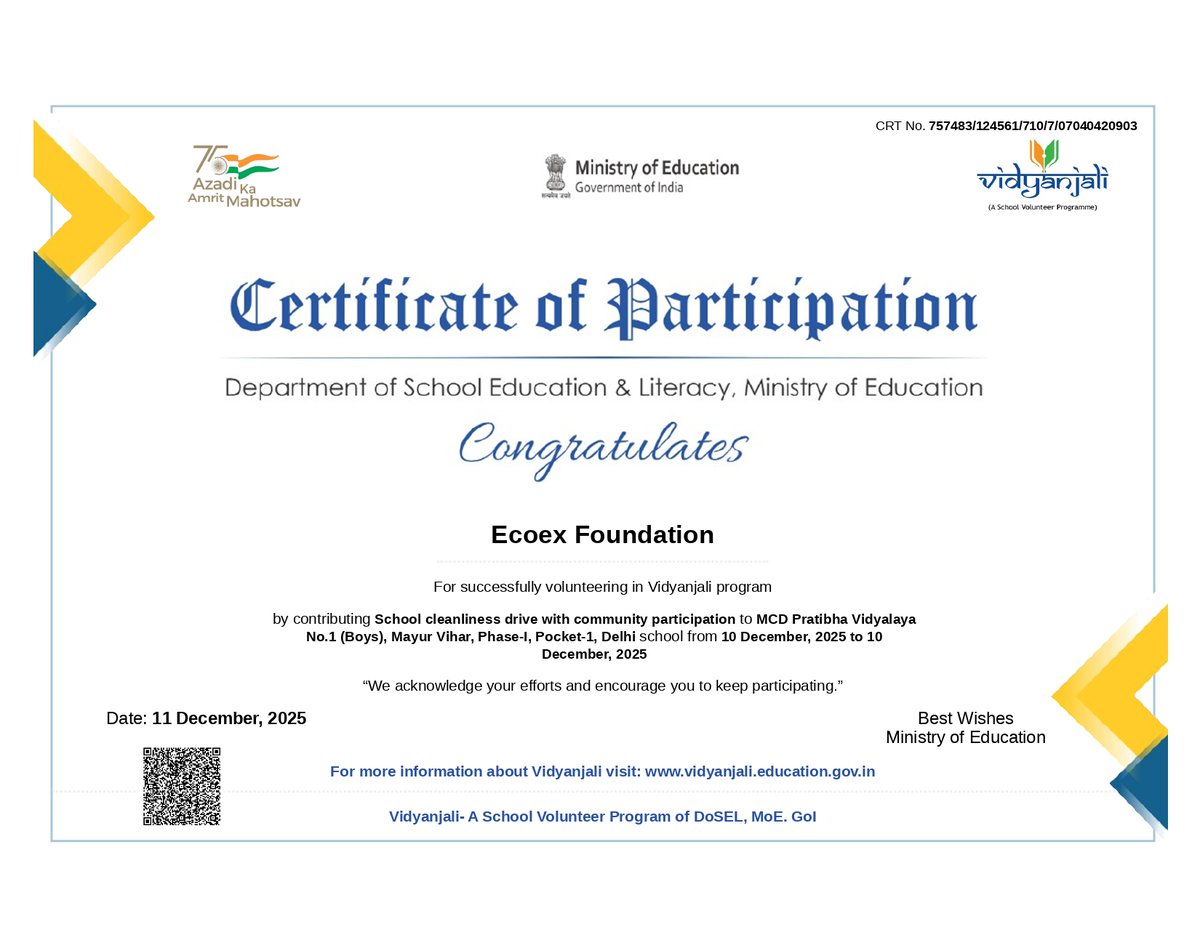 ex_eco's tweet photo. Conducted an awareness session at MCD Pratibha Vidyalaya No.1 (Boys) engaging 200+ students on waste segregation.

Grateful to receive a Certificate of Participation from the Ministry of Education under the Vidyanjali program.

#EcoEx #Sustainability #EnvironmentalAwareness https://t.co/u6ItRPWTEw