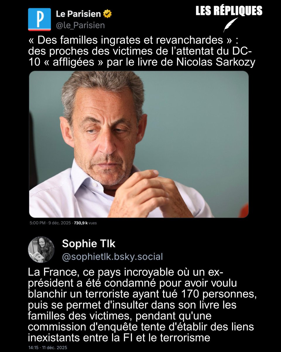Yohanna Brette, membre du collectif des Filles du DC-10 qui rassemble mères, sœurs et filles des victimes de l’attentat du DC-10, exprime son "dégoût" après la parution du dernier livre de Nicolas Sarkozy, dans lequel elle dénonce la présence de nombreux "mensonges"