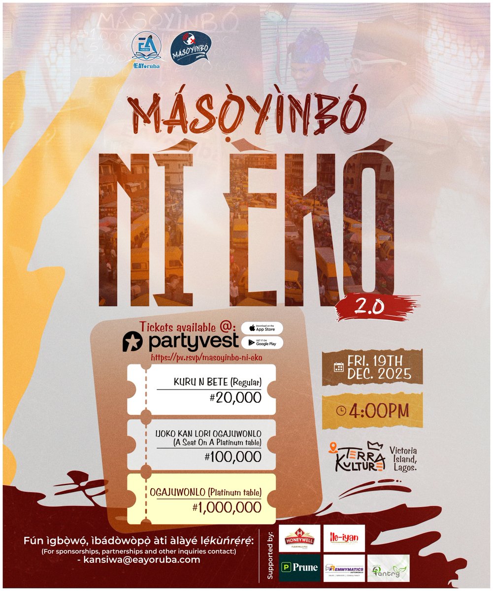 LekanFabilola's tweet photo. Ó ti ku ọjọ méje lo ni!!!
Ọ̀sẹ̀ tó ńbọ̀ ni Masoyinbo ni eko!!!
Ṣé ẹ ti ra ìwé ìwọlé yín?
Secure your spot today: https://t.co/orlmFIebJH
#masoyinboliveinlagos #masoyinbo #yorubalanguage #eventinlagos https://t.co/FSOar8n10D