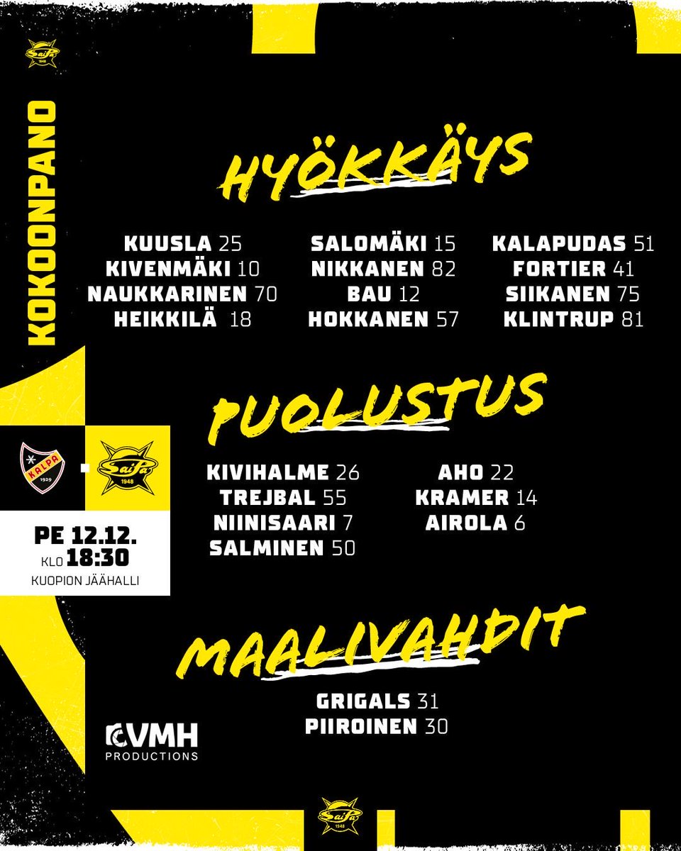 SAIPA TÄNÄÄN! 🔥

Kokoonpanot tarjoaa VMH Productions 

#SaiPa #Liiga