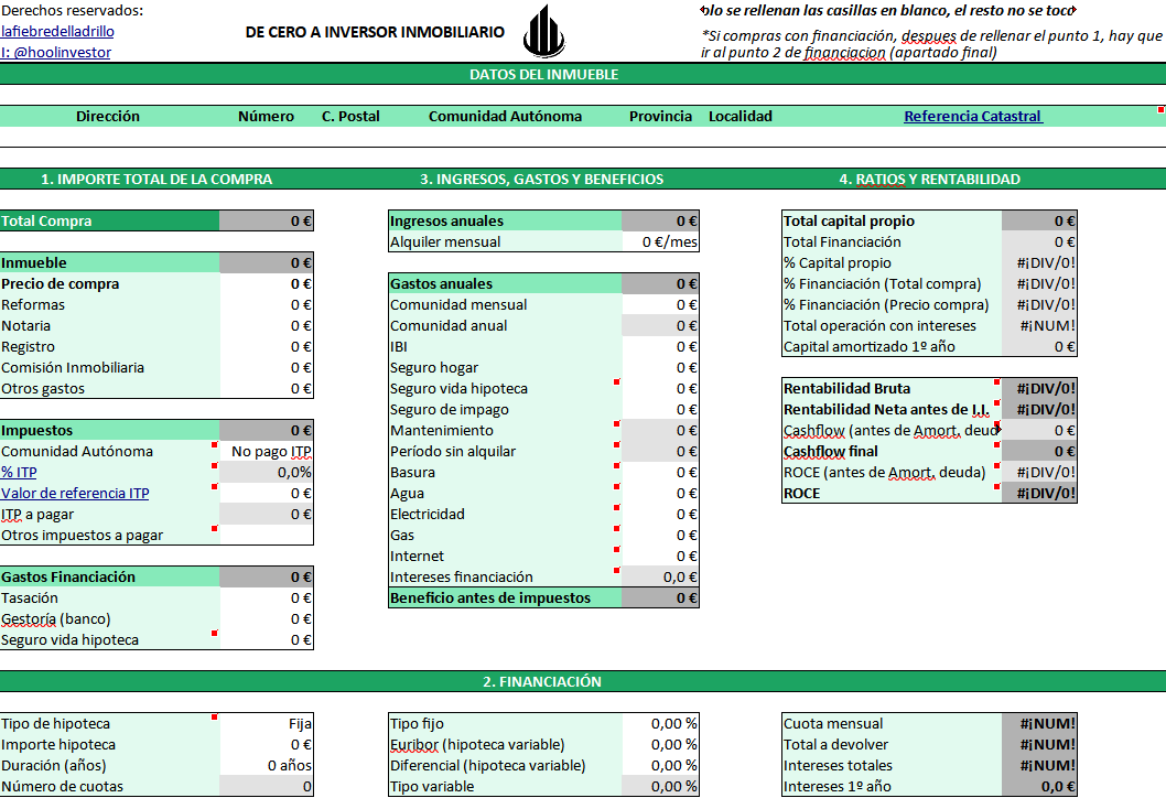 Esto que ves aquí es una calculadora de rentabilidad.

Y sí, voy a regalártela pero con 1 única condición.

Sigue leyendo. 

Esta es la misma calculadora que uso con alumnos, amigos, familiares hasta para mis propias operaciones.