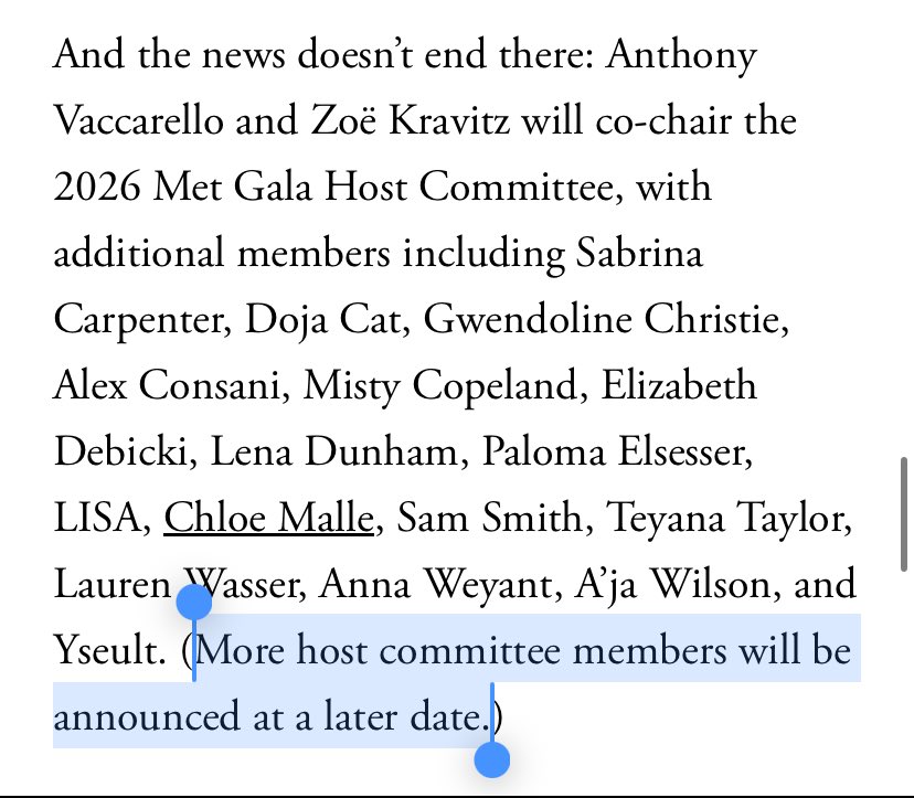 Vogue ก็บอกอยู่ว่า host committee จะประกาศเพิ่มๆ ไม่เข้าใจว่าจะว้อแตกทำไม เพราะของปี 2025 ก็ประกาศเพิ่มตอนช่วงใกล้ๆงาน โดยเลือกจากคนที่มีกระแสและสไตล์โดดเด่นอะ อีกไม่กี่วันสิ้นปีและปีหน้าอีกเกือบ 5 เดือนก็เร่งทำผลงานกันไปสิ ไหนบอกว่าทุกๆคนล้วนมีความสามารถและมีเทสไงก็แค่ทำมันออกมา