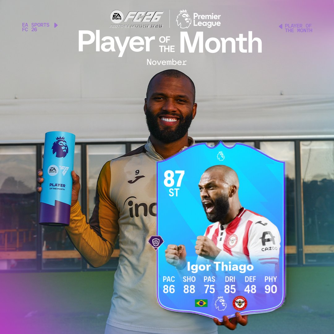 EASPORTSFC's tweet photo. Scoring goals for fun in November 💪

Igor Thiago is your @premierleague Player of the Month!

#FC26 https://t.co/yAfP6IVzpg