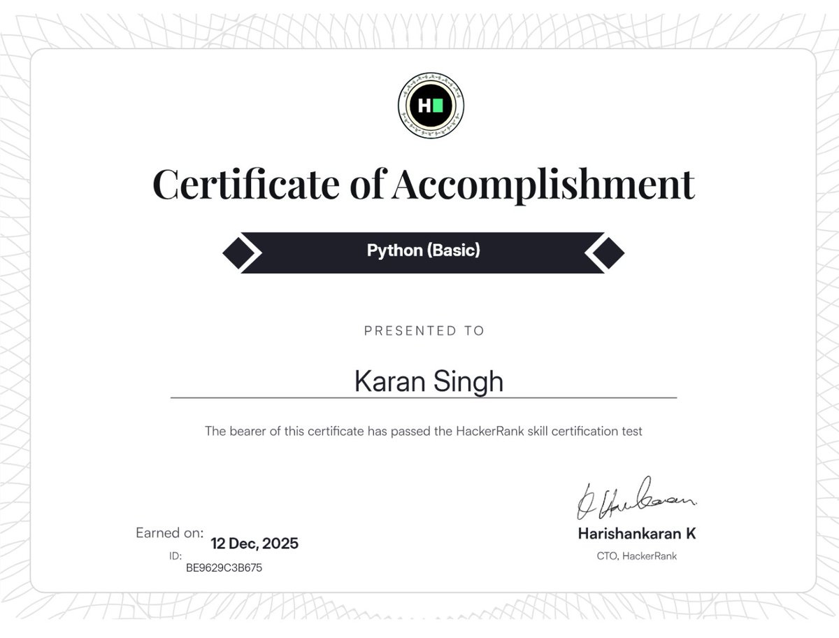 karansingh_ind's tweet image. Cleared the @hackerrank Python (Basic) Certification today. Fun test, hoping they release more advanced certifications soon, this one was too basic. #Python #learning