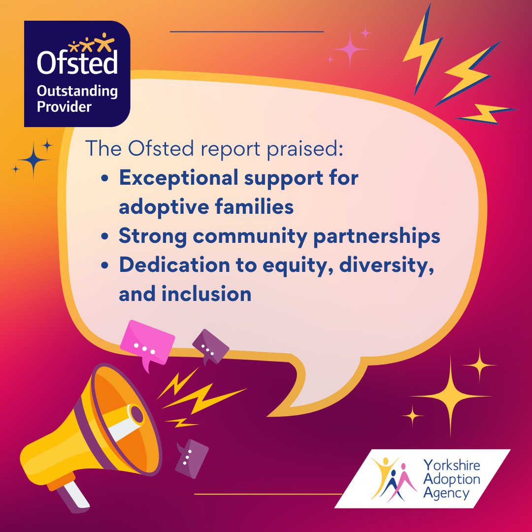 Y_Adopt's tweet image. We are OUTSTANDING! 
The team are incredibly proud to be rated an Outstanding provider by Ofsted.
Read the full report on our website!
#YorkshireAdoptionAgency #Outstanding #AdoptionService