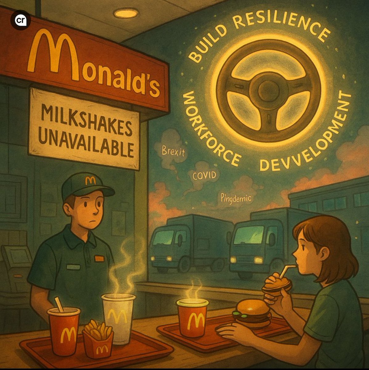 SCNuggets's tweet photo. 2021: Brexit + COVID = McDonald’s milkshake shortage.
The incident proved that efficiency without resilience collapses under pressure.

In August 2021, McDonald’s restaurants across the UK ran out of milkshakes. 

Not because milk or syrup was missing, but because there weren’t enough truck drivers to deliver them.

Brexit had pushed 30,000 EU drivers out. 
COVID halted the training of the remaining drivers. 
The “pingdemic” forced thousands more into isolation. 

Result: the UK was short 100,000 HGV drivers.

Many supply chains were also affected.

In McDonald’s case, the supply chain had to make a call. 

It reallocated drivers to keep popular meals, such as burgers and fries, flowing. But shakes and bottled drinks were paused.

It was a tough choice, but it kept outlets open.

The crisis teaches us something about external factors in the supply chain. People are just as important as the goods and services.

Here’s how you can avoid McDonald's crisis:

Build resilience, not just efficiency.
Invest in workforce development.
Prepare “priority product” scenarios for crisis mode.

Because when drivers vanish, so do your deliveries.

--

-------

Check out the full story here:

https://t.co/c2fxqOWsKQ