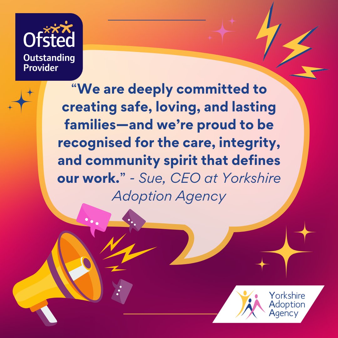 Y_Adopt's tweet image. We are OUTSTANDING! 
The team are incredibly proud to be rated an Outstanding provider by Ofsted.
Read the full report on our website!
#YorkshireAdoptionAgency #Outstanding #AdoptionService