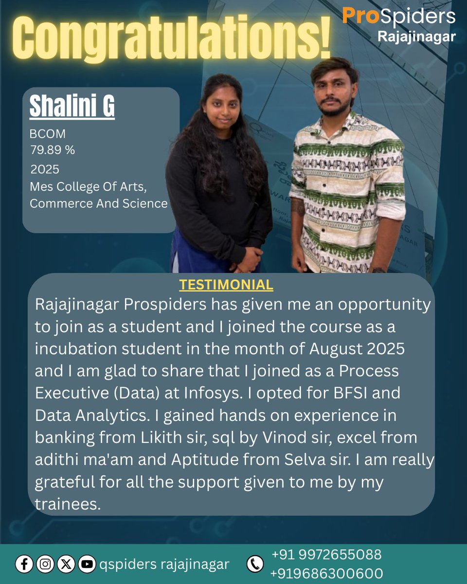 Pro_Spiders's tweet photo. Celebrating Shalini G’s wonderful achievement! 🎉
From gaining hands-on experience to securing a great placement, her journey reflects commitment and resilience.
 #ProSpidersRajajinagar
#PlacementUpdate #SuccessStory #BComStudents #DataAnalytics #BankingTraining #CareerJourney https://t.co/aluU07guwU