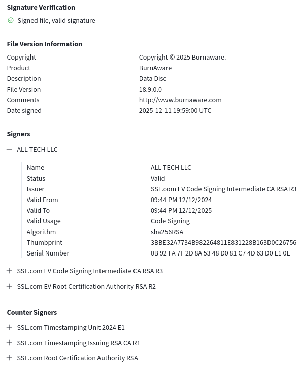 malwrhunterteam's tweet image. "ALL-TECH LLC" (SSL Corp given cert) signed "Separation Documentation.scr" sample, seen from France: 3348dbfa371efc25187b13641718fc93faafbc41571cc480b99ecbd54091e4c6
service-template0000[.]dad
69.67.172[.]7
🤷‍♂️