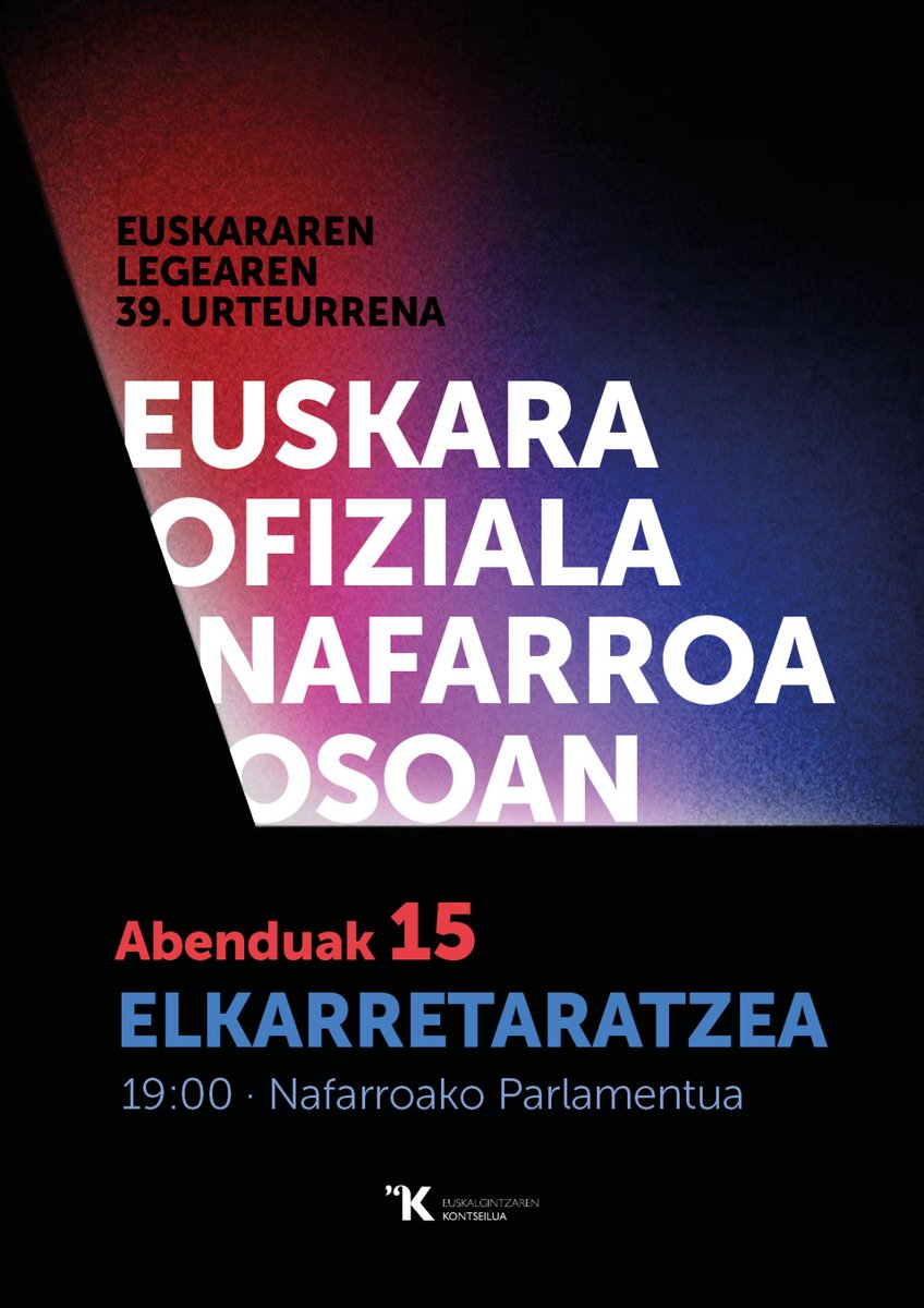 𝐀𝐁𝐄𝐍𝐃𝐔𝐀𝐊 𝟏𝟓 · 𝐄𝐋𝐊𝐀𝐑𝐑𝐄𝐓𝐀𝐑𝐀𝐓𝐙𝐄𝐀

Nafarroako Euskararen Legeak 39 urte beteko ditu nafar lurraldea zatitzen eta milaka herritarren eskubideak ukatzen eta diskriminatzen.

Berdintasun eta justiziaren alde:
🗓️ Abenduak 15
🕖 19:00
📍 Nafarroako Parlamentuan