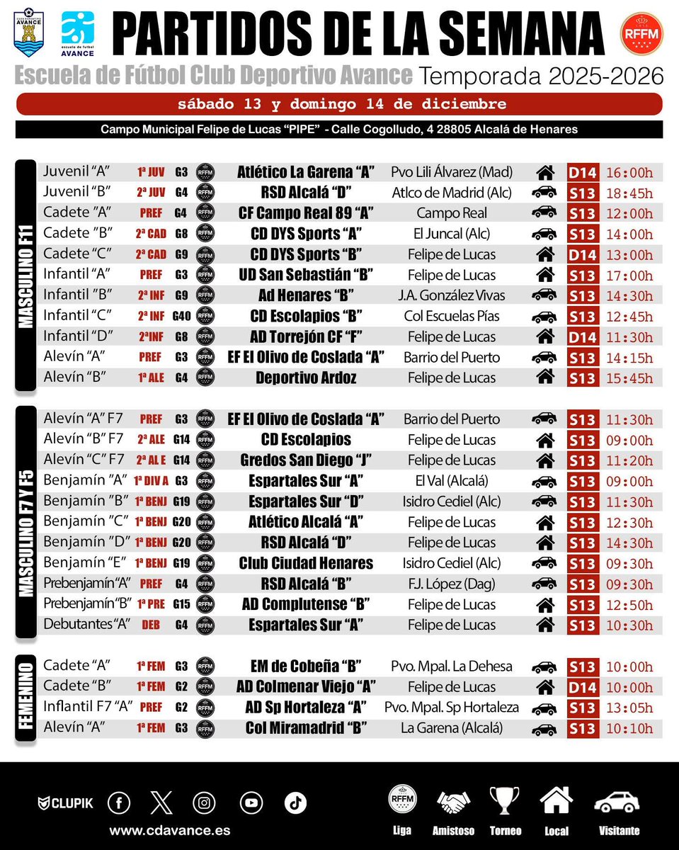 cdavance's tweet image. PARTIDOS DE LA SEMANA
⚽️⚽️⚽️
📅 13 y 14 de diciembre
@RFFM_oficial
#somosdelavance