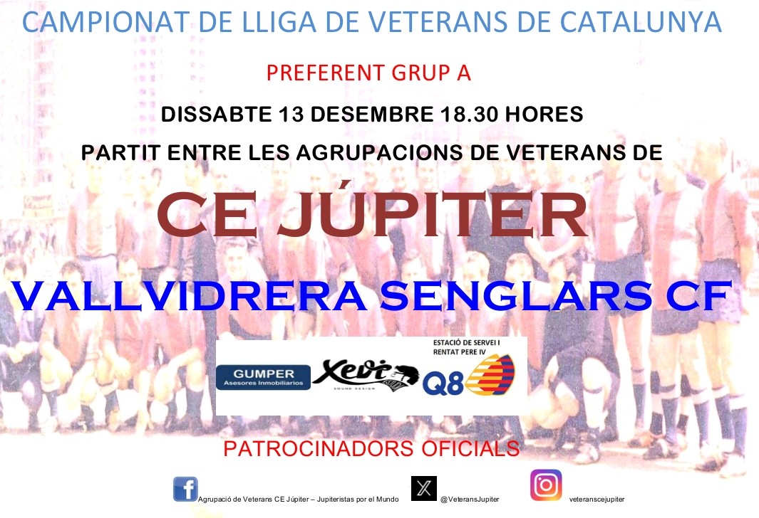 Dissabte 13 Mpal Júpiter 18.30h. Campionat de Lliga Veterans de Catalunya Preferent Grup A. <a href="/VeteransJupiter/">Agr Vet CE Júpiter</a> vs Vet. <a href="/SenglarsCF/">Vallvidrera Senglars</a> #56AnysVetJupiter <a href="/xeviestudi/">Xevi Estudi</a> #GumperApi #Q8PereIV 🩶❤️