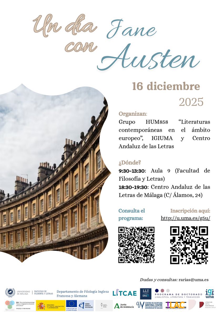 assemblagelit's tweet image. 📚 ¡Nos unimos a la celebración del 250 aniversario de Jane Austen con la jornada “Un día con Jane Austen”!

🗓 Martes, 16 de diciembre
📍 Universidad de Málaga
🔸 Programa: u.uma.es/hc3/
🔸 Inscripción: u.uma.es/g5u/

✨ ¡No te lo pierdas! 💫
#JaneAusten250