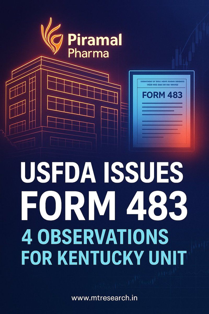 mtresearchh's tweet image. Piramal Pharma in focus as USFDA issues Form 483 with 4 observations for its Kentucky unit.
Company expects VAI classification, indicating no major regulatory action.

#PiramalPharma #USFDA #Form483 #StocksInNews #MarketUpdate #PharmaSector #IndianMarkets