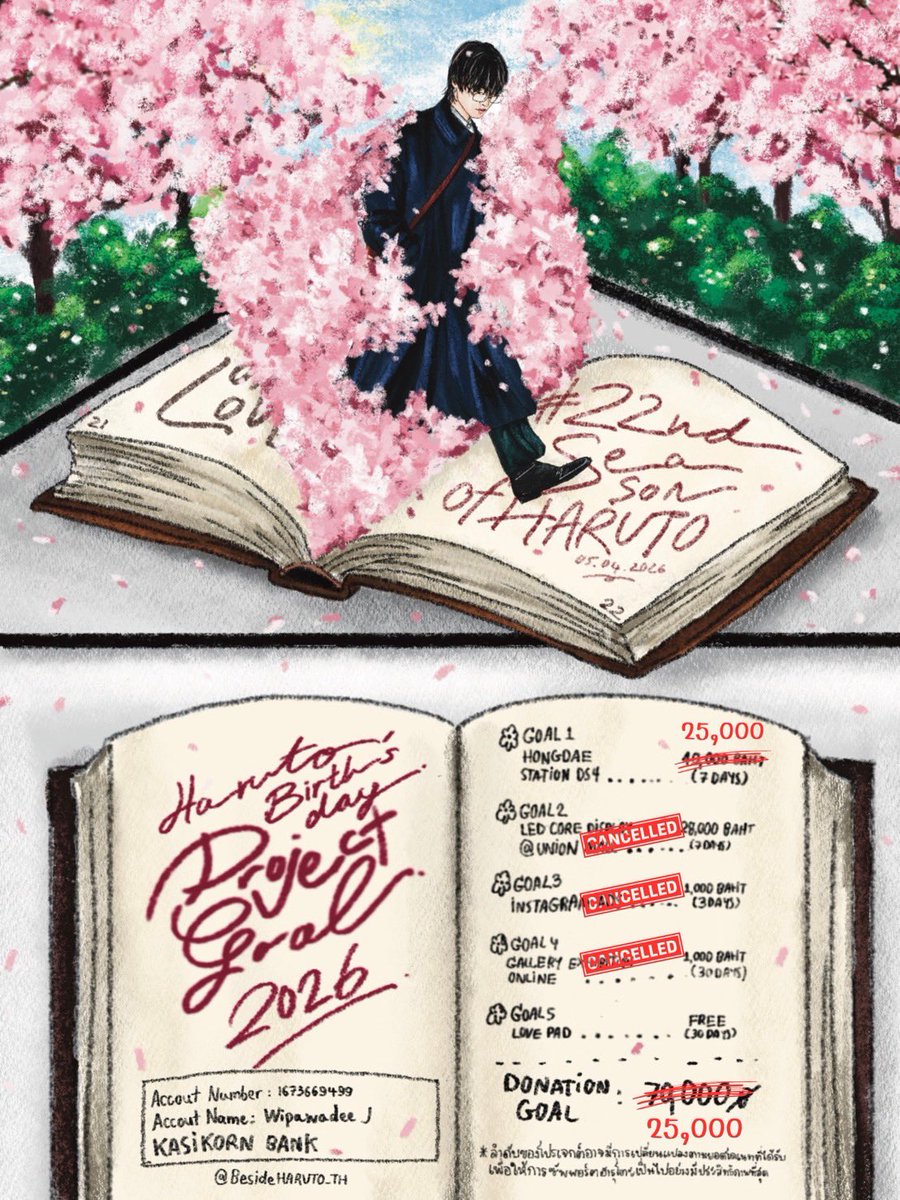 [📢] ประกาศเกี่ยวกับโปรเจกต์ 𝟐𝟎𝟐𝟔 𝐁𝐈𝐑𝐓𝐇𝐃𝐀𝐘 𝐏𝐫𝐨𝐣𝐞𝐜𝐭 𝐟𝐨𝐫 #𝐇𝐀𝐑𝐔𝐓𝐎

โปรเจกต์ฉลองวันเกิดอายุครบ 22 ปี ของฮารุโตะ 🎂🌸 #𝟮𝟮𝗻𝗱𝗦𝗲𝗮𝘀𝗼𝗻𝗢𝗳𝗛𝗮𝗿𝘂𝘁𝗼

ขออนุญาตปรับลดโกล เพื่อให้สอดคล้องกับจำนวนเงินโดเนทที่ได้รับเหลือเพียง 1 โกล คือ HONGDAE STATION DS4