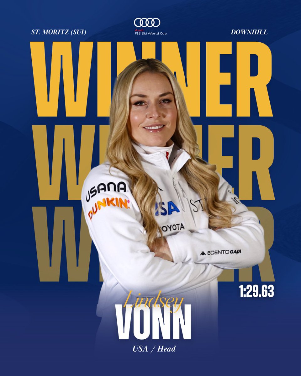 fisalpine's tweet image. LINDSEY VONN 🇺🇸🔥 IS BACK ON TOP!
She claims her first World Cup victory since her big return, delivering a statement performance in St. Moritz, securing the 83rd World Cup victory of her career. ❄️💥

🥈 Magdalena Egger 🇦🇹 (+0.98) FIRST PODIUM!
🥉 Mirjam Puchner 🇦🇹 (+1.16)…