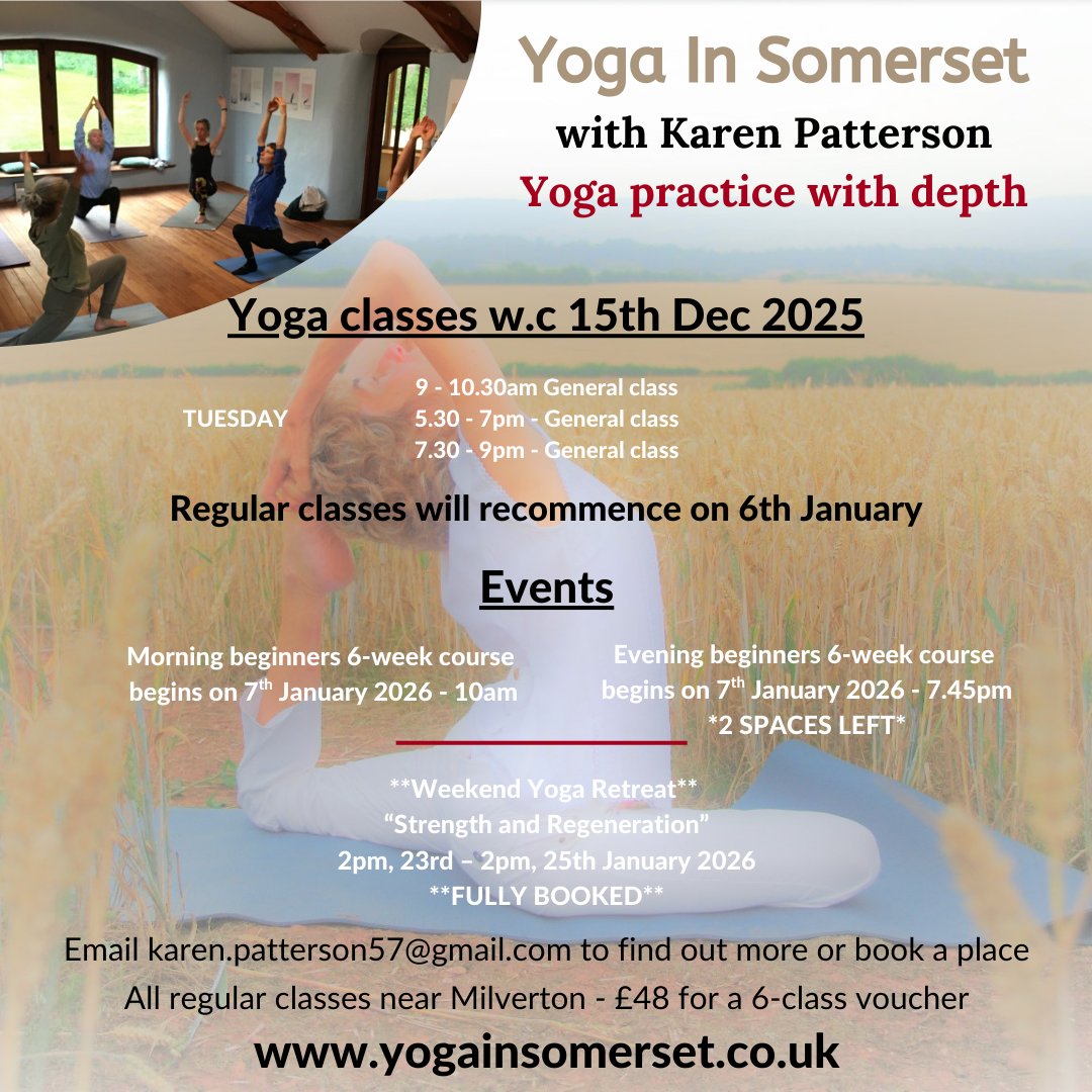 Yoga class schedule - week commencing 15th Dec 2025
#yoga #somerset #yogainsomerset #milverton #neartaunton