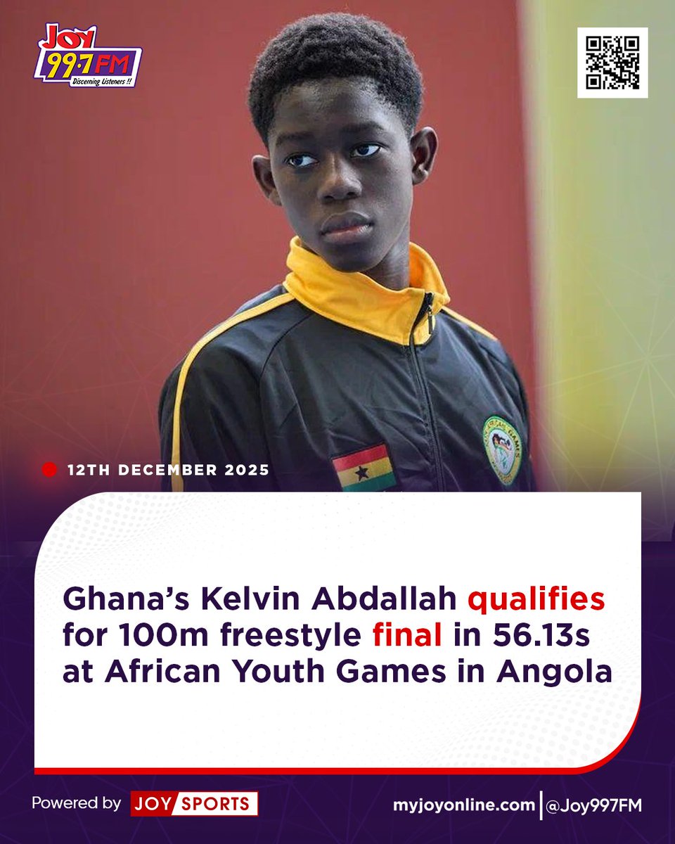 JoySportsGH's tweet photo. Ghana’s Kelvin Abdallah qualifies for 100m freestyle final in 56.13s at African Youth Games in Angola

#JoySports https://t.co/MHh4kox9TZ