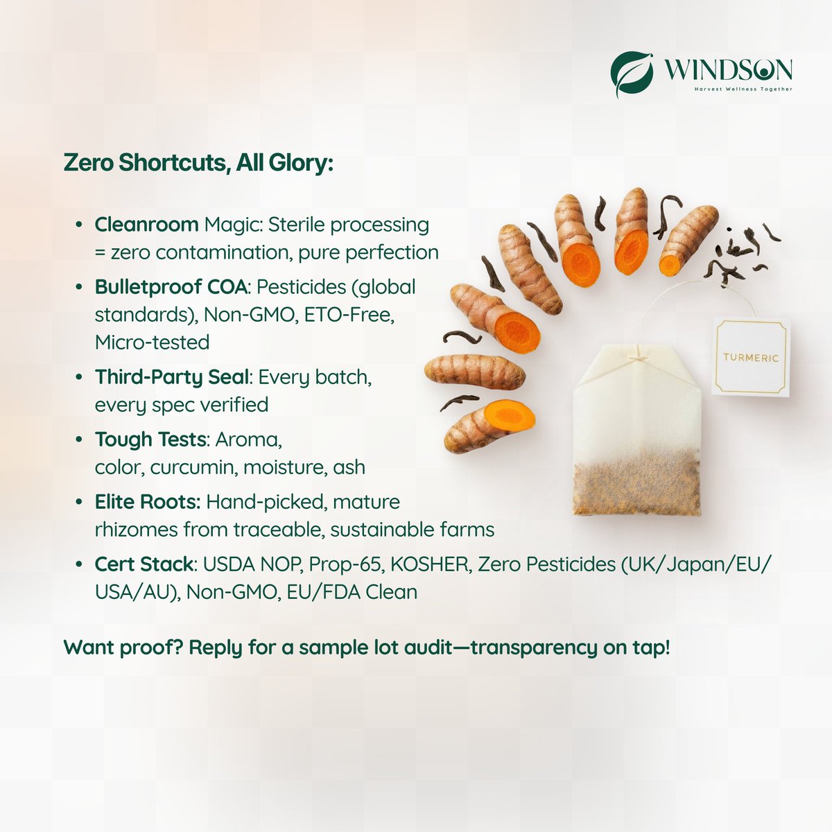 windsonindia's tweet photo. 🚀 2026 Glow-Up Secret: Turmeric! Anti-inflammatory magic, 11.9% CAGR boom. 
HPLC-tested, clean, certified—150+ brands love it. 
Comment "TURMERIC" for sample! MOQ 5kg. #TurmericMagic https://t.co/6Cvov5DheL