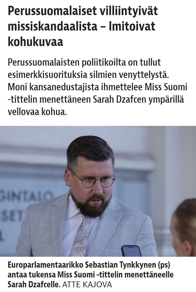 taskivei's tweet image. Miksi juuri persut villiintyivät 'missiskandaalista'? Shara Dzafcen teko oli harmiton pila, mutta Miss Suomi edustaa suomalaisia maailmalla. Tuota pilaa hän saisi selitellä koko missikautensa. Siitä hän tulisi tunnetuksi ja se ei olisi hyvä Suomen imagolle.