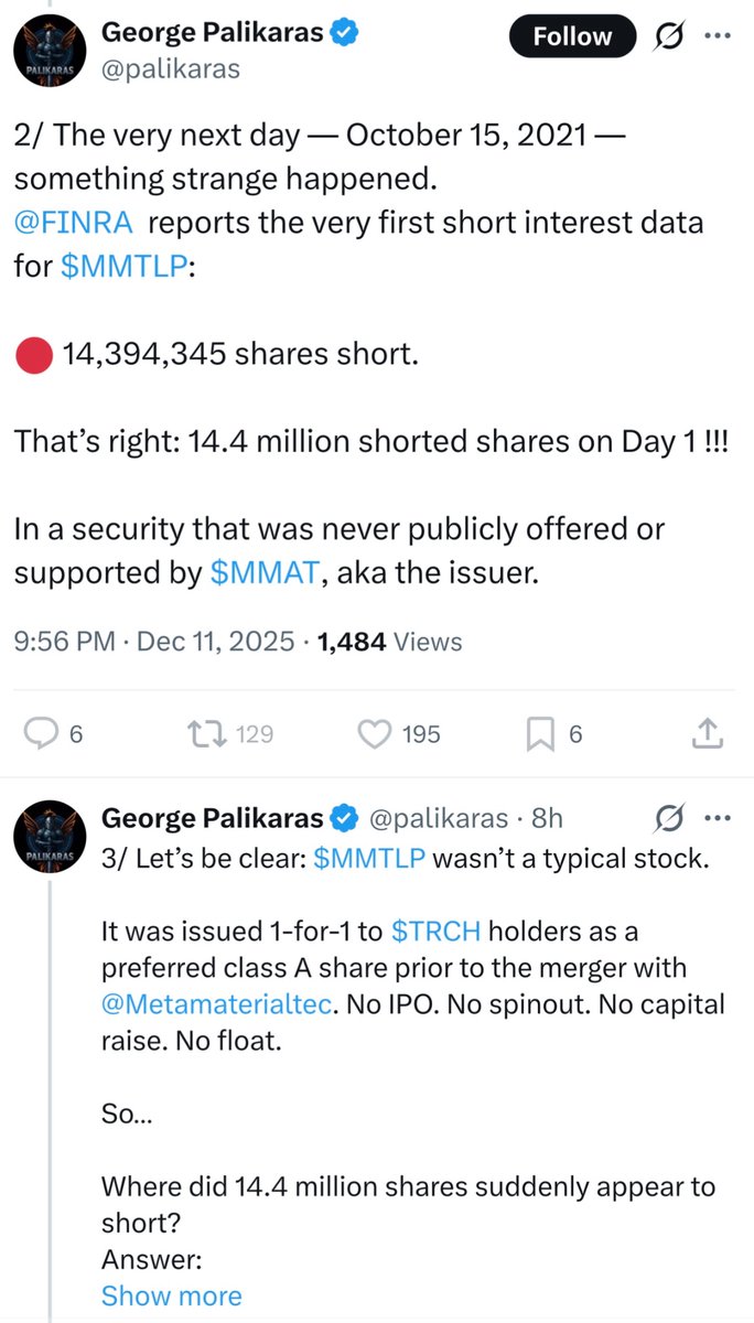With brain dead takes like this, it’s not surprising this dummy incinerated hundreds of millions of investors’ capital in $MMAT. Hey <a href="/palikaras/">George Palikaras</a>, the initial shorts in $MMTLP were carried over from TRCH. Jeez, these people are stupid. 🤡