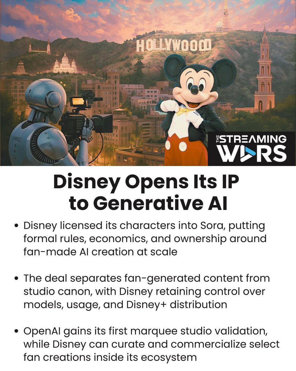 Disney just stopped fighting AI and started running it.

$1B into OpenAI.

200+ characters licensed into Sora.

Rules, ownership, Disney+ distribution locked.

New TSW drop: thestreamingwars.tv/the-take/disne…