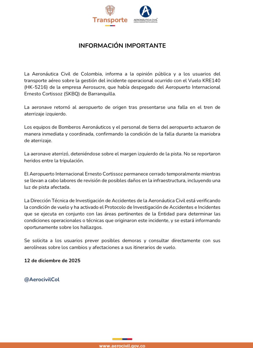 Informamos que el vuelo KRE140 de Aerosucre regresó al Aeropuerto Ernesto Cortissoz de #Barranquilla tras una falla en el tren de aterrizaje izquierdo.
La atención de Bomberos Aeronáuticos y del personal de tierra fue inmediata, garantizando la seguridad de la tripulación.