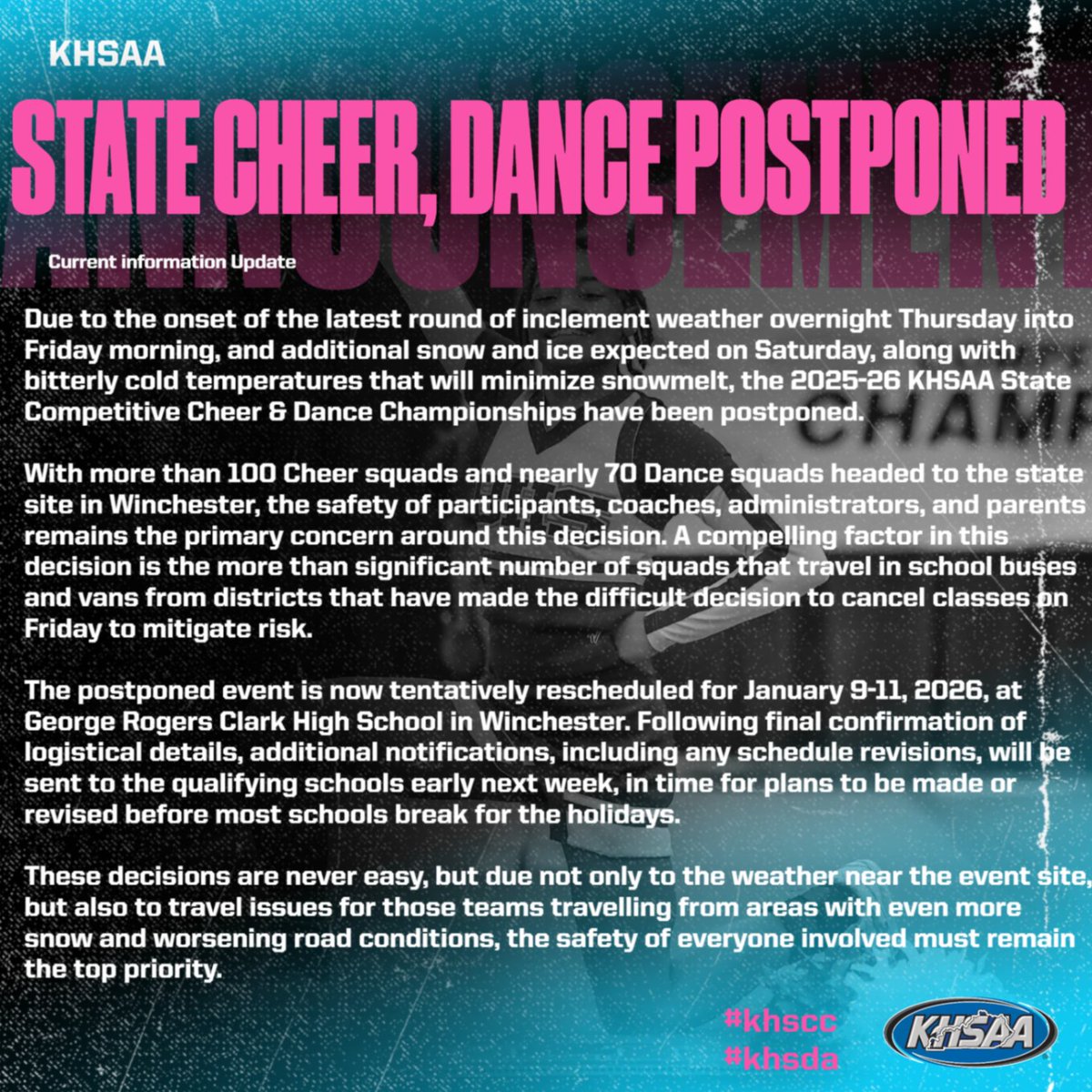 KHSAA's tweet image. The state cheer and dance competition has been postponed.