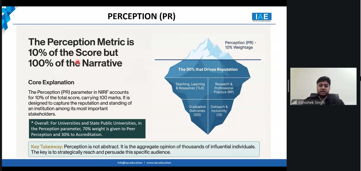 IAE_Education's tweet photo. Day 1 Highlight | 7th National Level Workshop on #NIRF2026
Session: Perception
🕒 2:45–3:30 PM
Speaker: Mr. Abhishek Singh, VP – Strategic Projects, IIT Kanpur

Insightful session on improving institutional perception &amp; strategic outreach.

#IAE #HigherEducation #PR #Branding https://t.co/FV84vu4G7k