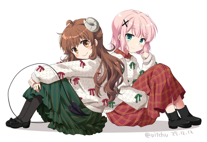 ちょっと気の早いクリスマスカラーのシャミ桃～ 冬コミのグッズ用に描きました