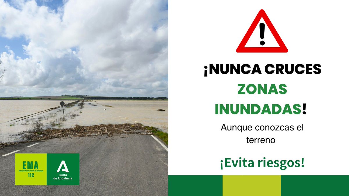 E112Andalucia's tweet photo. 🟠 Se amplía el aviso naranja por lluvias al Litoral de #Cádiz, que se suma a la comarca del #Estrecho
🌧️ En días de lluvia, evitar transitar y conducir por zonas anegadas, no cruces balsas de agua ni carreteras inundadas, aunque conozcas la zona. Es por tu seguridad
#Consejos112 https://t.co/ihpOYRvFgI