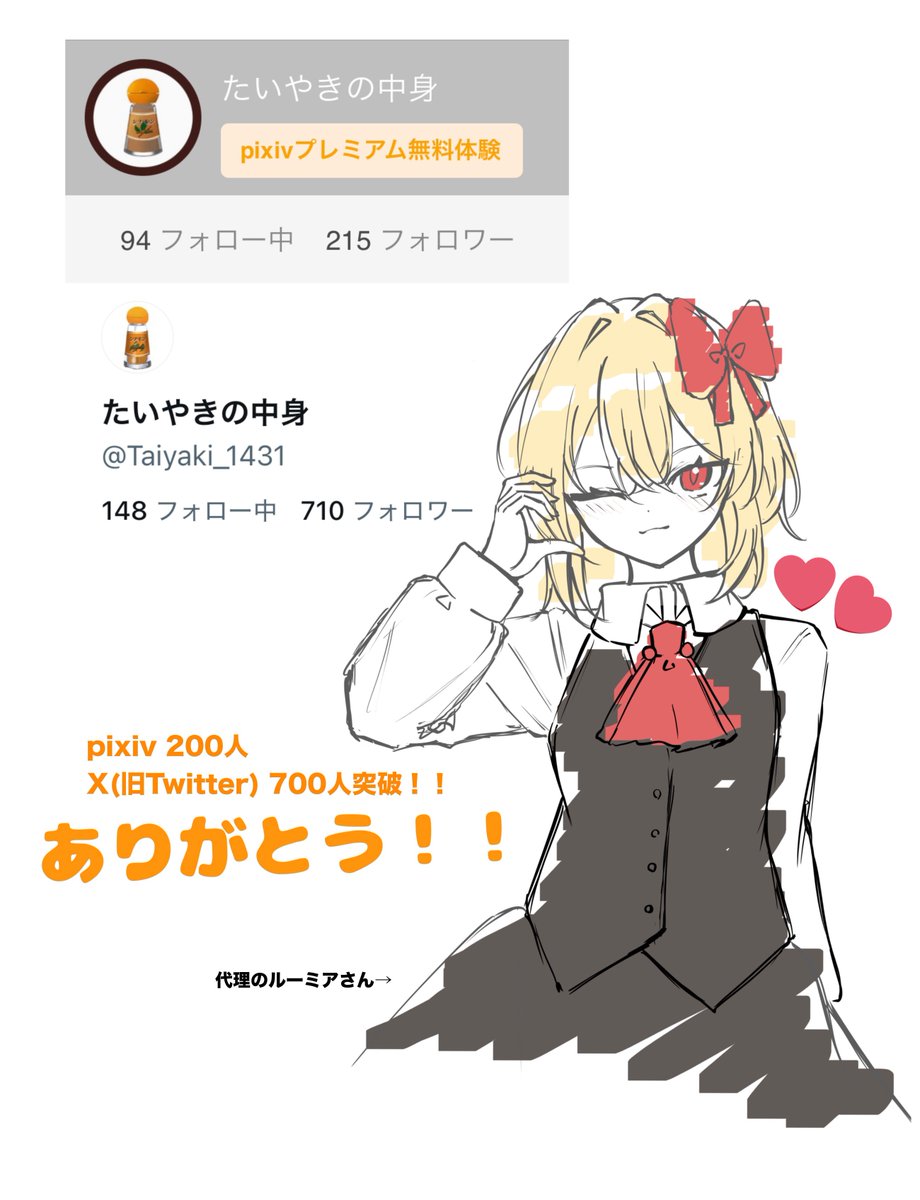 支部200人
Twitter700人突破しました！！
ありがとうございますーーーーー！！

これからも可愛いルーミアさん描いていくので宜しくお願いします！！

今年も残りわずかのタイミングでどちらも伸びてる