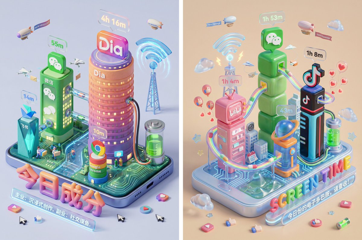 엄청나게 재밌는 거대 바나나 🍌 (나노 바나나 프로) 힌트!
디지털 타운 기능은 사용자의 화면 사용 시간을 보여주는데, 그 잠재력이 너무 커서 매일 놀라곤 합니다!
사용하는 앱 종류에 따라 스타일이 변경되며