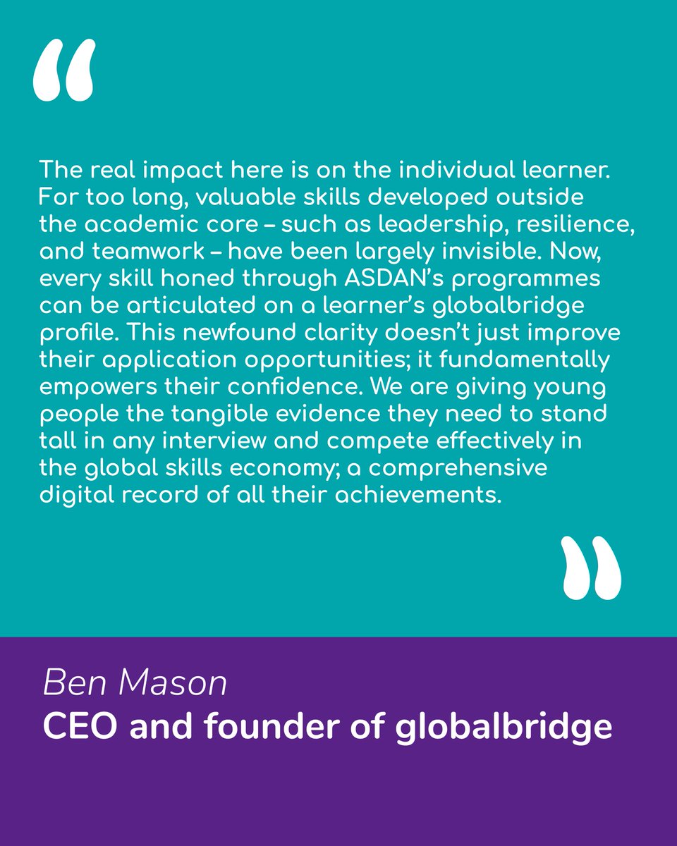 globalbridgeltd's tweet image. A new partnership between #educationcharity @ASDANeducation  &amp;amp; #digitalplatform #globalbridge aims to transform how #youngpeople present their #skills to future #employers, #universities &amp;amp; #trainingproviders.

Quotes from @BenMasonGB, our founder and CEO

#EdTech #education
