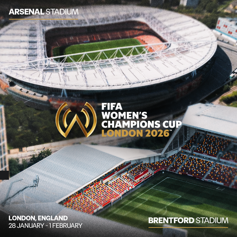 FIFAWWC's tweet photo. It’s official! The FIFA Women’s Champions Cup 2026™ will be staged across London, hosted at Arsenal Stadium and Brentford Stadium! 🏟️🙌

#FIFAWCC