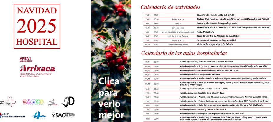 🎄🏥Comienza mañana el programa navideño de la Arrixaca. Actividades para mayores y pequeños que traen la fiesta al Hospital.

🎶Música, teatro, desfiles, concurso de belenes, regalos🎁 y la visita de los Reyes Magos. Todo listo para hacer la estancia hospitalaria más amable.