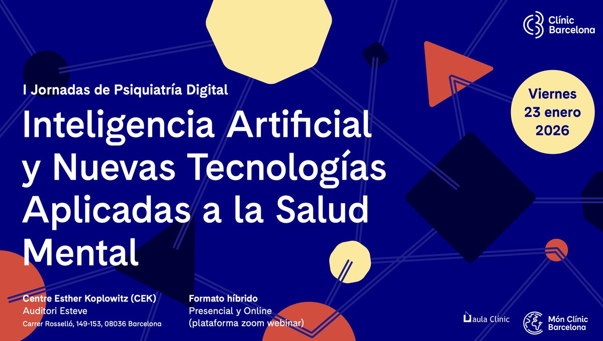 🧠💻📱 𝗦𝗮𝗹𝘂𝗱 𝗺𝗲𝗻𝘁𝗮𝗹 + 𝘁𝗲𝗰𝗻𝗼𝗹𝗼𝗴𝗶́𝗮
El 23/01/2026 llegan las 𝗜 𝗝𝗼𝗿𝗻𝗮𝗱𝗮𝘀 𝗱𝗲 𝗣𝘀𝗶𝗾𝘂𝗶𝗮𝘁𝗿𝗶́𝗮 𝗗𝗶𝗴𝗶𝘁𝗮𝗹 en <a href="/hospitalclinic/">Hospital Clínic</a>.
𝗜𝗔, 𝗮𝗽𝗽𝘀 𝘆 𝘄𝗲𝗮𝗿𝗮𝗯𝗹𝗲𝘀 aplicados a casos reales.
Programa 👉 bit.ly/3KXn7f5