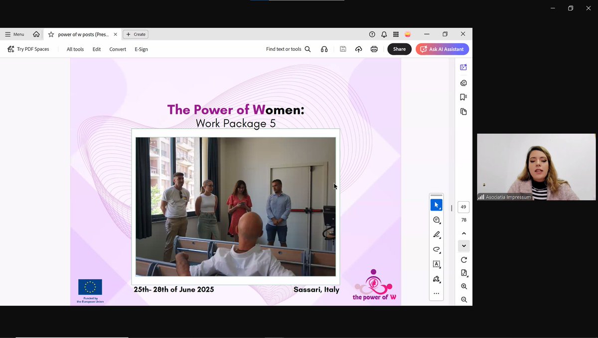 Así se está desarrollando en estos momentos la conferencia final del proyecto europeo 'The power of women 👩_ Susteinable energy for developing european towns' (El poder de las mujeres_Energía sostenible para el desarrollo de las ciudades europeas') en el que FEMUR participa.
