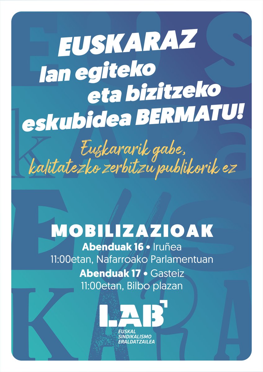 LABnafarroa's tweet image. #Euskararen kontrako #oldarraldia salatzeko eta berme juridikoak aldarrikatzeko mobilizatuko gara abenduaren 16an Iruñean eta 17an Gasteizen.

#ZerbitzuPublikoetanEUSKARAZ #euskarazlanetabizi