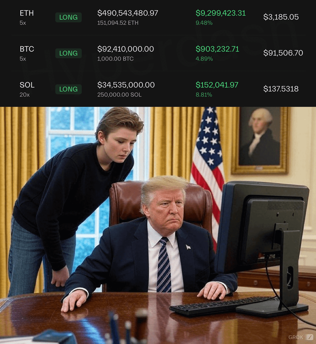 DeFiTracer's tweet photo. 🚨 BREAKING:

THIS INSIDER OPENED $490.5M $ETH, $92.4M $BTC AND $34.5M $SOL LONGS AHEAD OF TRUMP'S SIGNING

HE ALREADY MADE OVER $10M ON HIS POSITIONS

WHAT DOES HE KNOW?? 👀 https://t.co/lj5237H2Gq