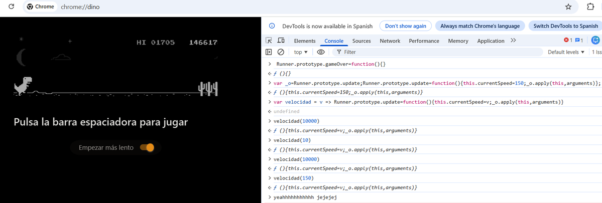 moi_oliva's tweet image. control speed:

var velocidad = v =&amp;gt; Runner.prototype.update=function(){this.currentSpeed=v;_o.apply(this,arguments)}

use:
velocidad(500) //fast
velocidad(10000000000) //orbital exit 🚀
etc.

photo2: more pro xD