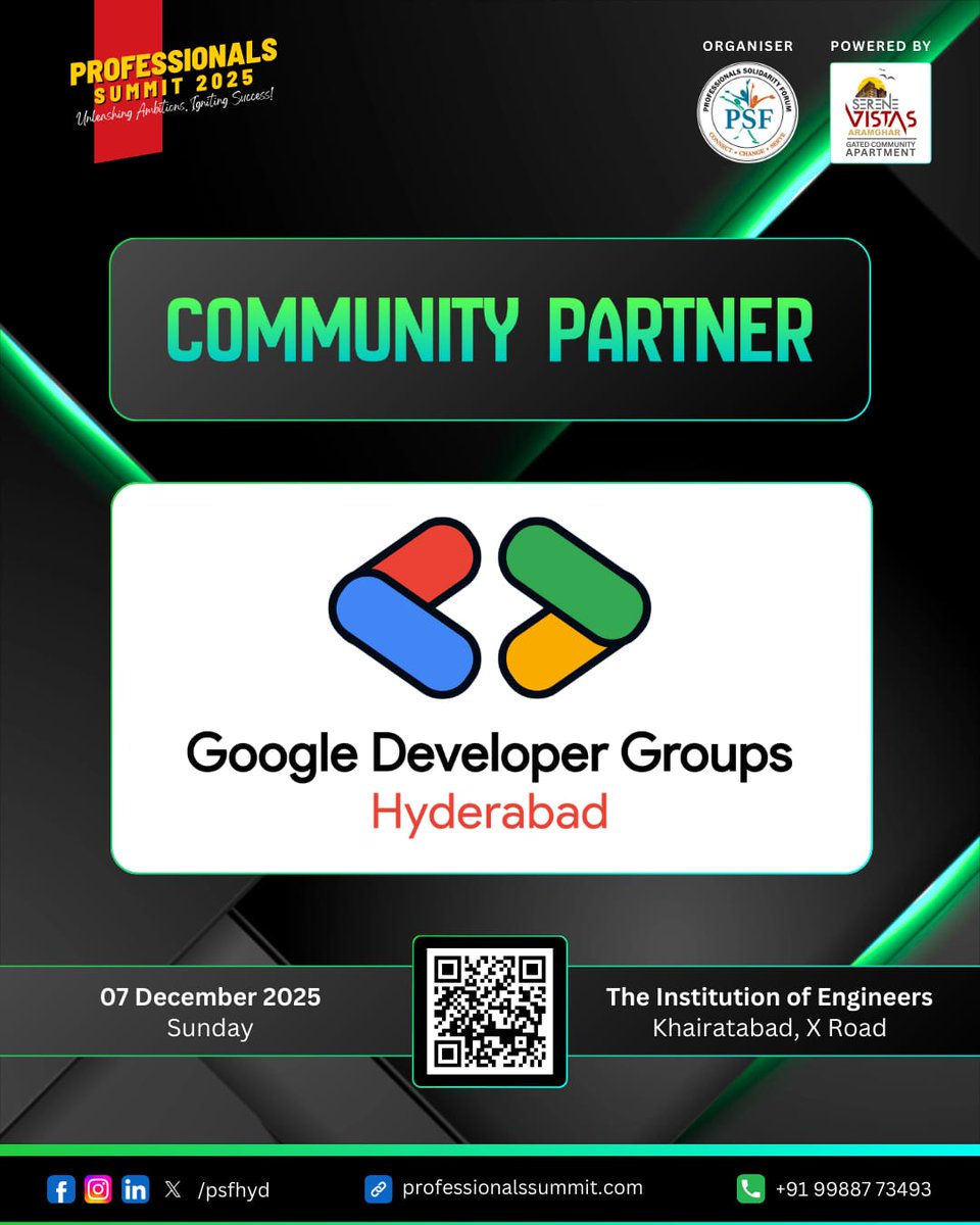 PSFHYD's tweet photo. #ProfessionalsSummit2025 is proud to welcome 𝗚𝗼𝗼𝗴𝗹𝗲 𝗗𝗲𝘃𝗲𝗹𝗼𝗽𝗲𝗿𝘀 𝗚𝗿𝗼𝘂𝗽 as our Community Partners this year.

With their commitment to tech excellence, learning, &amp; building strong developer communities, GDG brings a powerful layer of innovation to the summit. https://t.co/miOC7MKMcN
