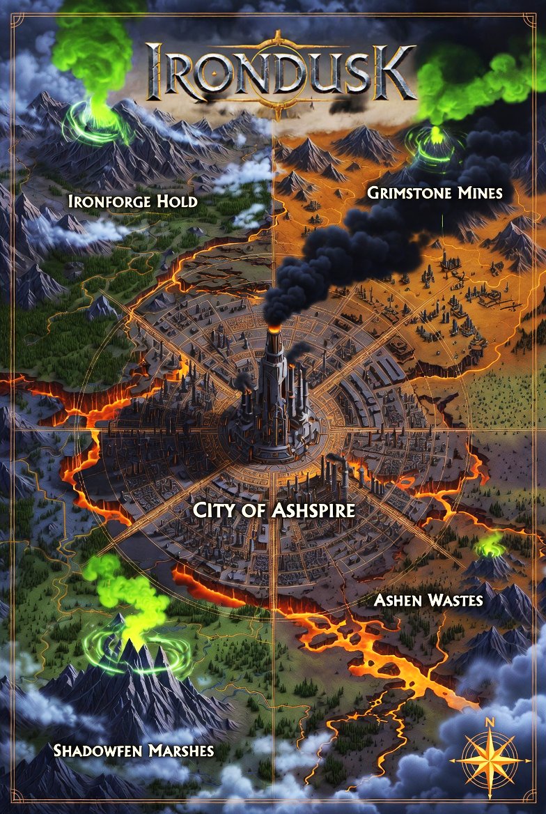 ༺ Irondusk Map ༻    

The way is mapped, where shall we visit next?

✧ Join in our World of the Week: Irondusk!   
✧ Let’s see your creations (locations, characters, relics)
✧ Prompt keywords are: industrial metal, orange fire, green magic, runic markings, and smoke